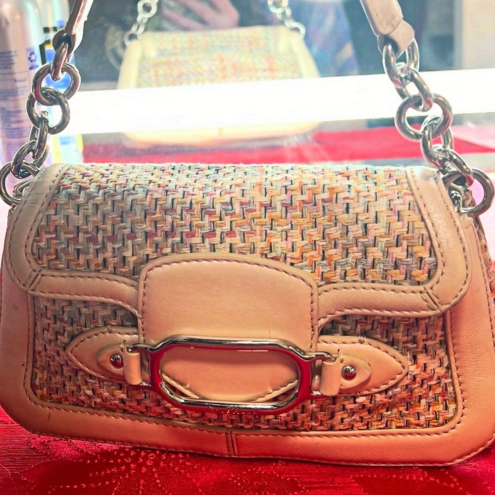 Woven Leather-Trim Shoulder Bag in Peach